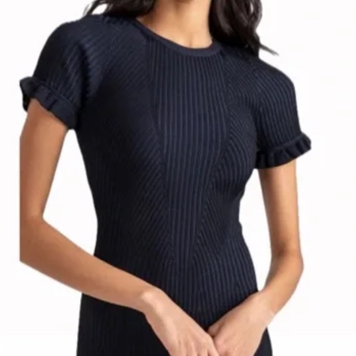 Shoshanna Kate Rib-Knit Ruffle Minidress, Navy, Size S